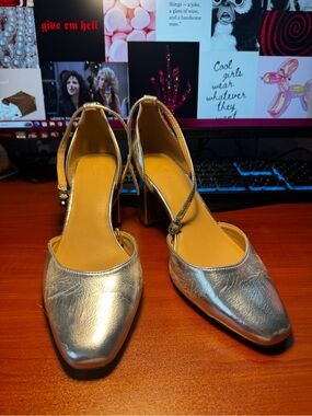 LOFT Silver Metallic 3” Block Heel Pumps with Ankle Strap - Size 11M